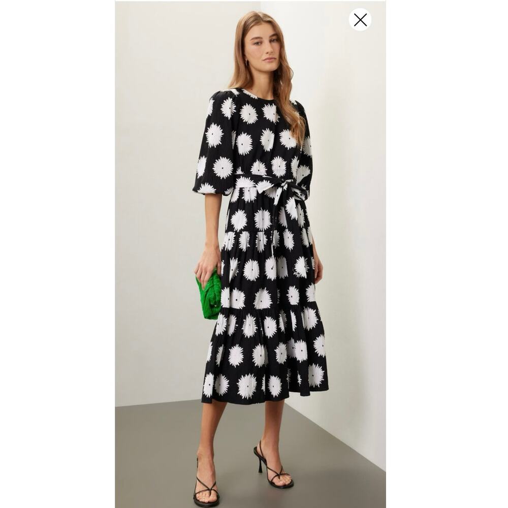 KATE SPADE NEW YORK Black White Polka Dot Daisy Waist Tie Pom Pom Lawn Dress S